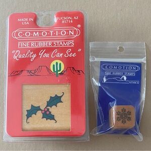 Comotion, Set of 2 Christmas Vintage Wooden Rubber Stamps, Holly Leaf, Snowflake